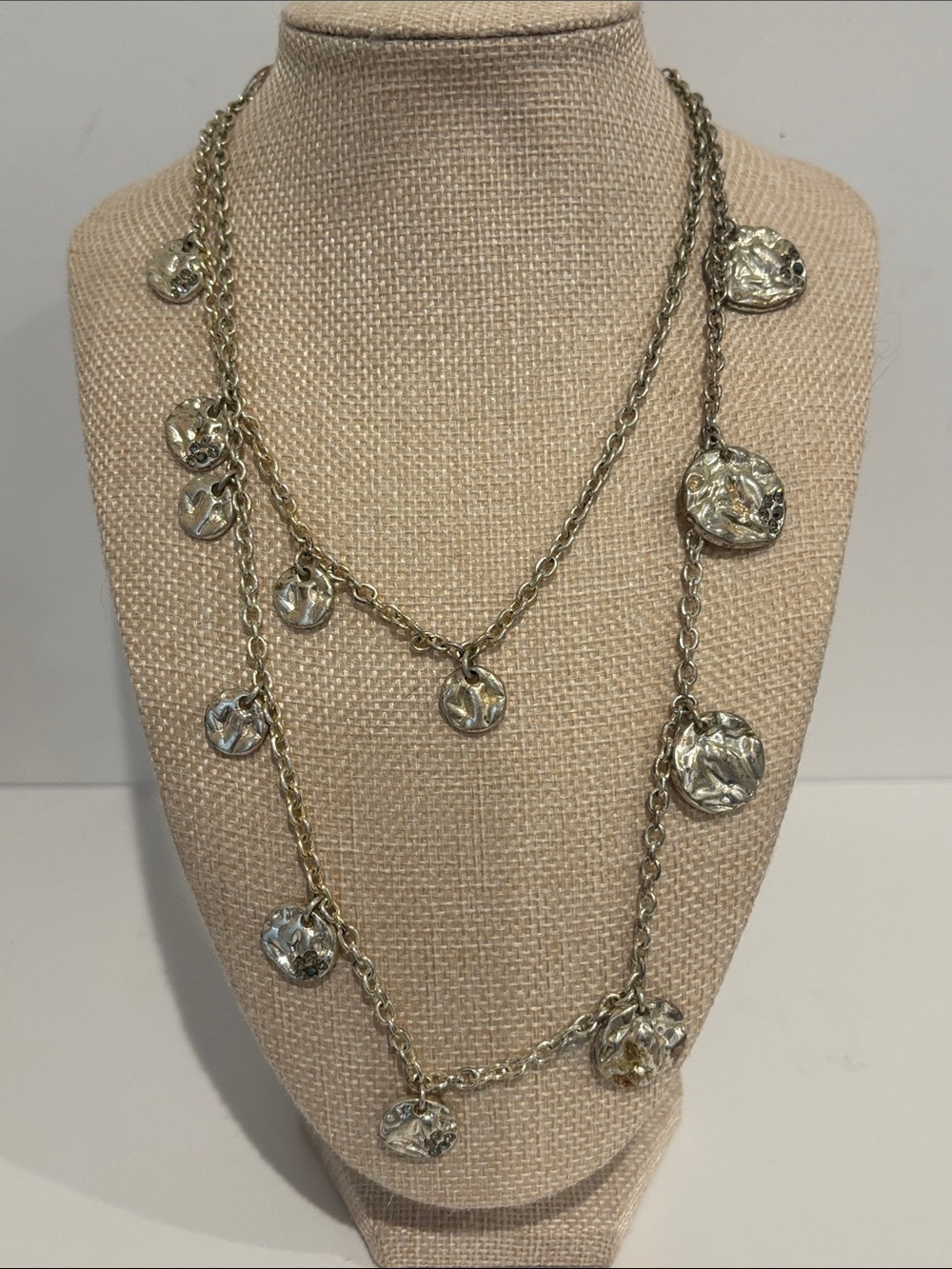 Vintage Silver Tone Layered Station Coin Necklace Hammered Disc Medallion